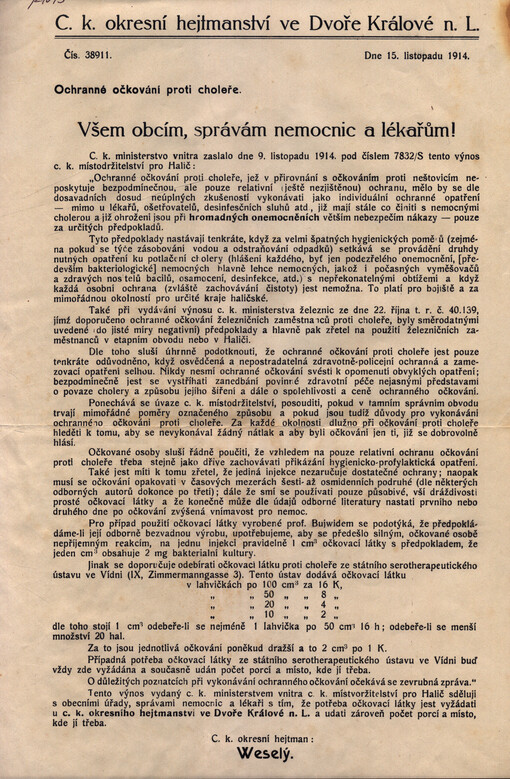 Ochranné očkování proti choleře : všem obcím, správám nemocnic a lékařům !