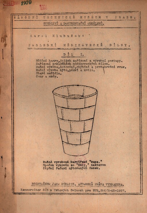 Poslední mědikovecké dílny. Díl I. Měděné hamry, jejich zařízení a výrobní postupy, zařízení posledních mědikoveckých dílen, ruční výroba, letování, ohýbání a protahování rour, ruční výroba nýtů, pánví a kotlů, stará mořidla, ceny a mzdy