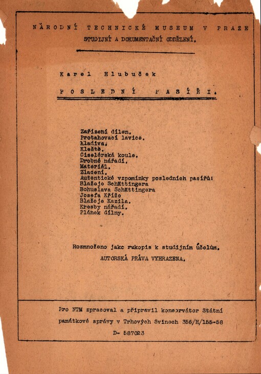 Poslední pasíři: monografie a autentické vzpomínky starých dělníků a mistrů