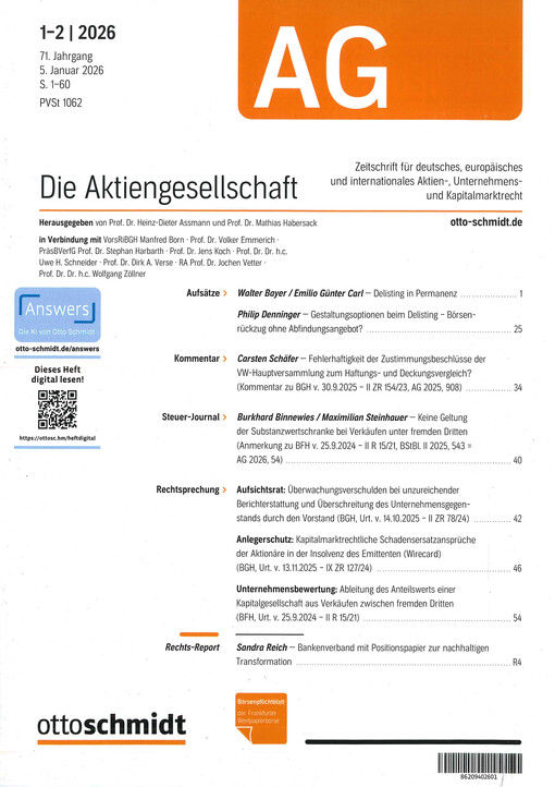 Die Aktiengesellschaft : Zeitschrift für das gesamte Aktienwesen, für deutsches, europäisches und internationales Unternehmens- und Kapitalmarktrecht.