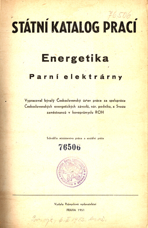 Státní katalog prací : Energetika, Parní elektrárny