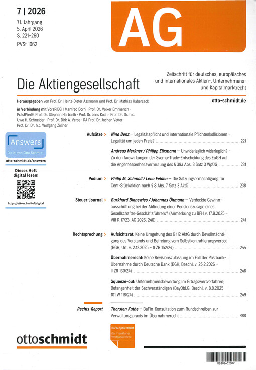 Die Aktiengesellschaft : Zeitschrift für das gesamte Aktienwesen, für deutsches, europäisches und internationales Unternehmens- und Kapitalmarktrecht.