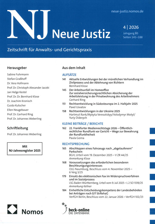 Neue Justiz : Zeitschrift für Anwalts- und Gerichtspraxis