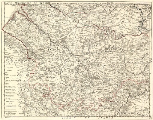 Partie Meridionale de Picardie: dressé sur les operations Geometriques de Mr. Lesperon Presidt. de l. El. de Mondcher. et sur plusieurs autres memoires. Par Guillaume Del'isle de l'Academie Royale des Sciences ; Des Rosiers fec