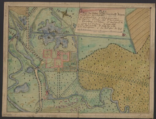Plan Eines zur Closter: Stieffes-Herrschafft Reigern angehörigen Grund-Theilles vom Jahre 1774: A. die Closter: Kirche, B. Closter: Convent-Gebau. C. Prelatur, D. Closter-Hoff, E. Neue Stallungen, Thorwarterey und Taftern, F. Stasch-Haus, Bacherey und Bunderey. G. Mahl-Mühl. H. das Dorff Czeladitz. I. Breth-Säy-Mühle. K. die Fiesch-Behalter. L. der Kalb-open. M. Lyeh