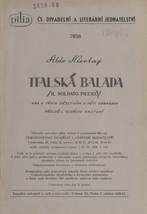 Italská balada =: (Il soldato Piccicò) : hra o třech dějstvích a pěti obrazech