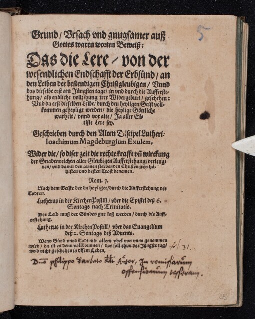 Konvolut začínající dílem: Konvolut der theologischen Texte, meistens über Erbsünde der gestorbenen Christen