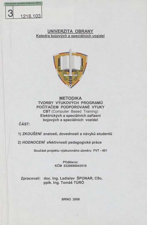 Metodika tvorby výukových programů počítačem podporované výuky CBT (Computer Based Training) elektrických a speciálních zařízení bojových a speciálních vozidel