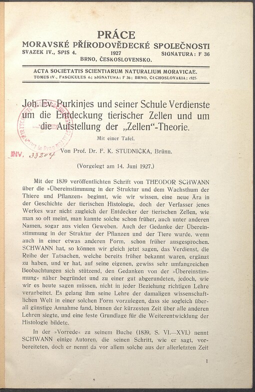 Joh. Ev. Purkinjes und seiner Schule Verdienste um die Entdeckung tierischer Zellen und um die Aufstellung der 