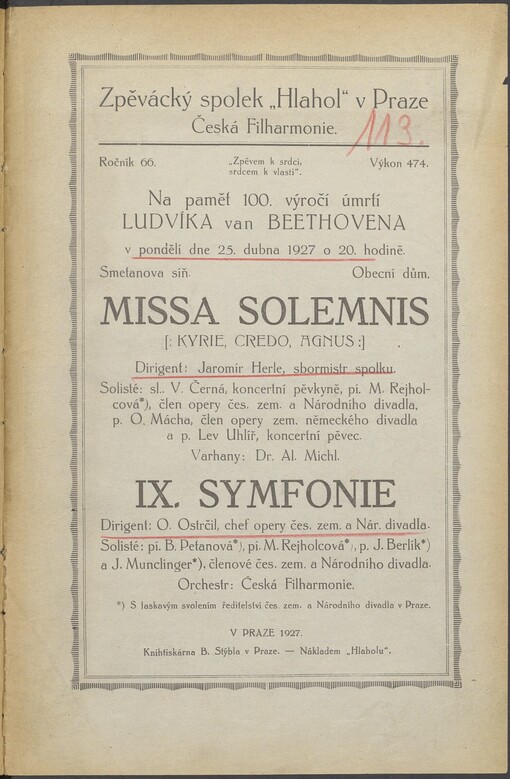 Na pamět 100. výročí úmrtí Ludvíka van Beethovena: v pondělí dne 25. dubna 1927 o 20. hodině : Missa solemnis : IX. symfonie