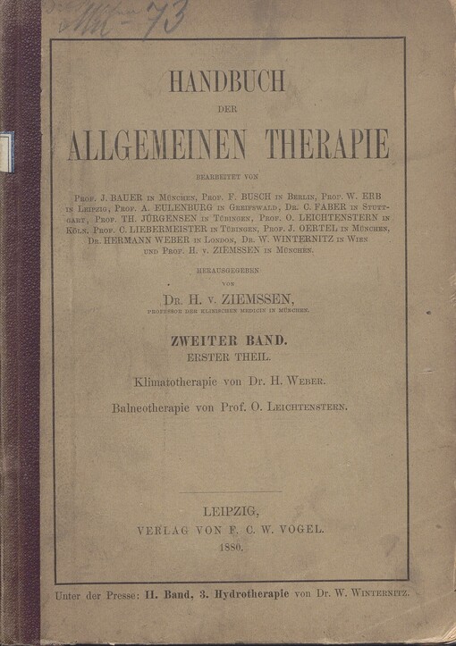 Handbuch der allgemeinen Therapie. Zweiter Band, erster Theil