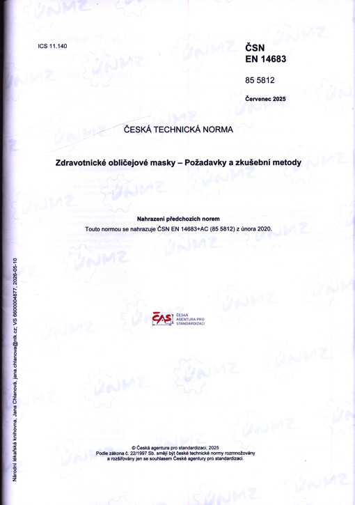 Zdravotnické obličejové masky - Požadavky a zkušební metody ČSN EN 14683