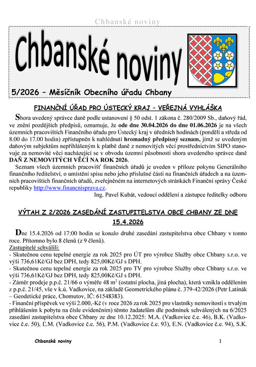 Chbanské noviny : měsíčník Obecního úřadu Chbany