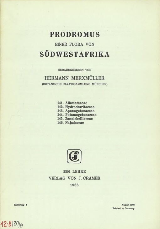 Prodromus einer Flora von Südwestafrika. Lieferung 8, 141. Alismataceae, 142. Hydrocharitaceae, 143. Aponogetonaceae, 144. Potamogetonaceae, 145. Zannichelliaceae, 146. Najadaceae