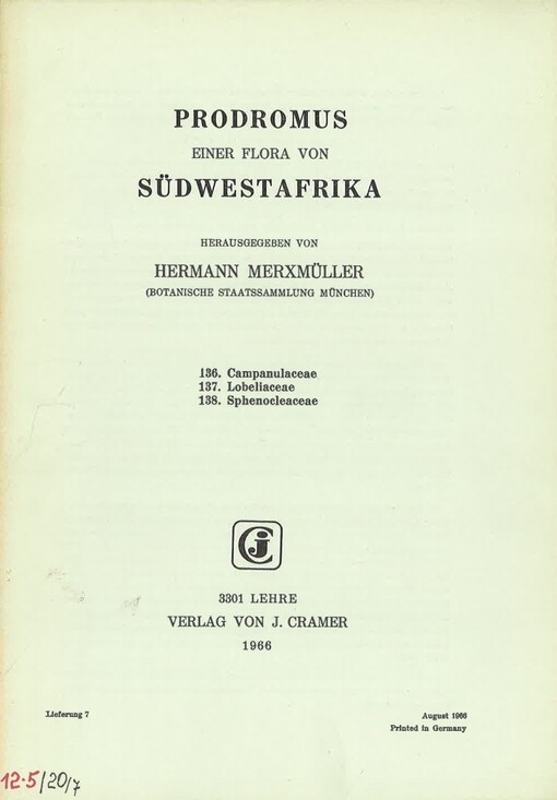 Prodromus einer Flora von Südwestafrika. Lieferung 7, 136. Campanulaceae, 137. Lobeliaceae, 138. Sphenocleaceae