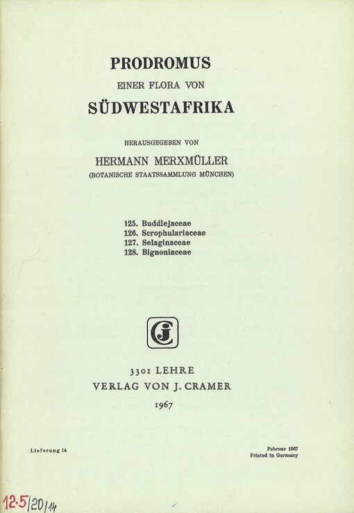 Prodromus einer Flora von Südwestafrika. Lieferung 14, 125. Buddlejaceae, 126. Scrophulariaceae, 127. Selaginaceae, 128. Bignoniaceae