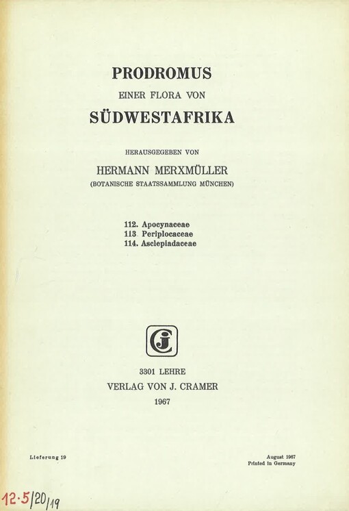 Prodromus einer Flora von Südwestafrika. Lieferung 19, 112. Apocynaceae, 113. Periplocaceae, 114. Asclepiadaceae