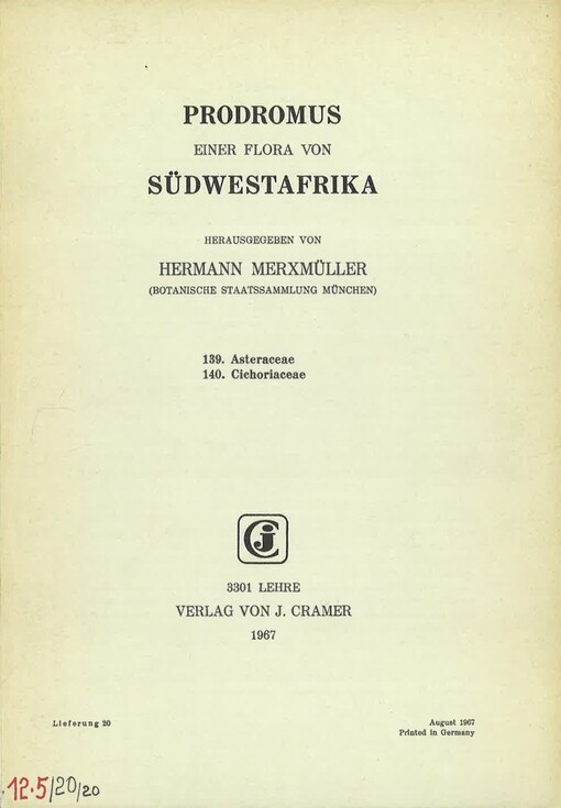 Prodromus einer Flora von Südwestafrika. Lieferung 20, 139. Asteraceae, 140. Cichoriaceae