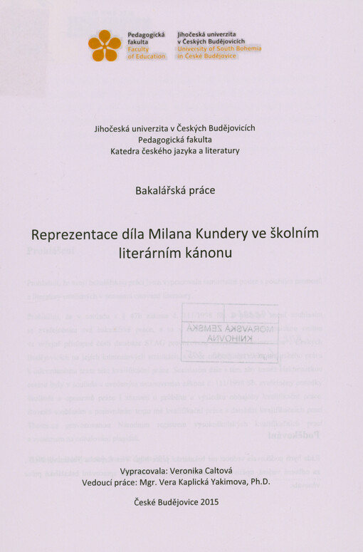 Reprezentace díla Milana Kundery ve školním literárním kánonu
