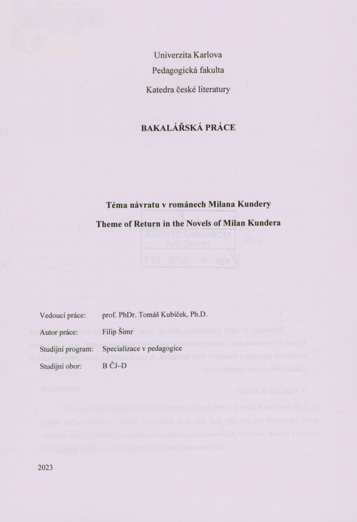 Téma návratu v románech Milana Kundery = Theme of return in the novels of Milan Kundera
