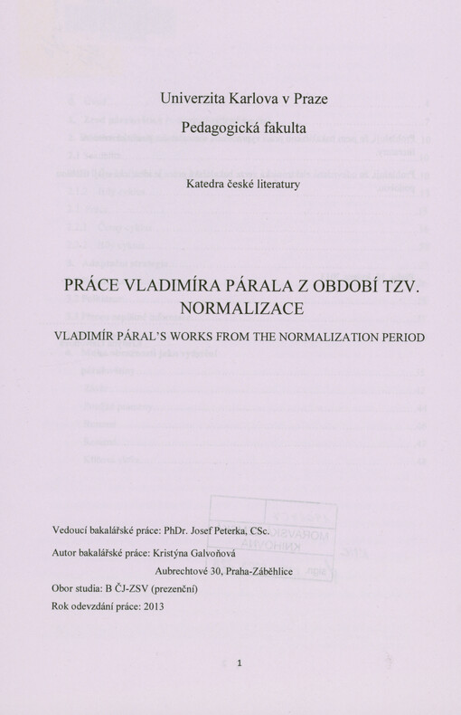 Práce Vladimíra Párala z období tzv. normalizace = Vladimír Páral's works from the normalization period
