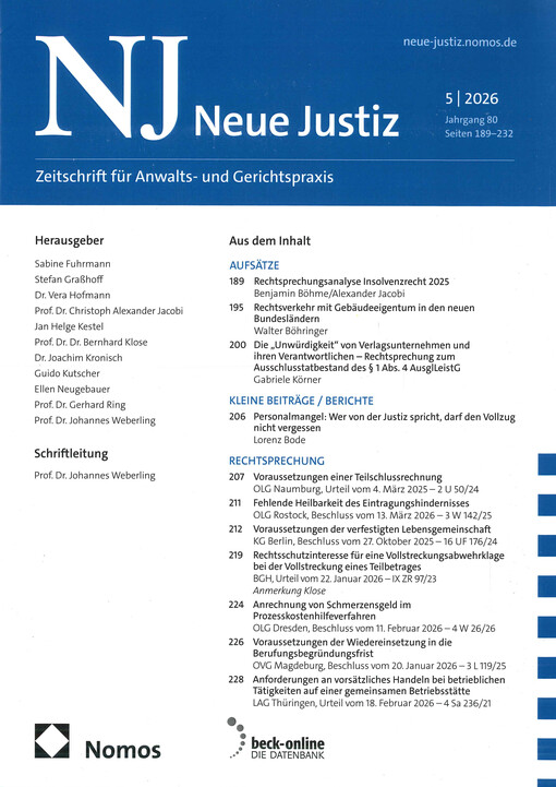 Neue Justiz : Zeitschrift für Anwalts- und Gerichtspraxis