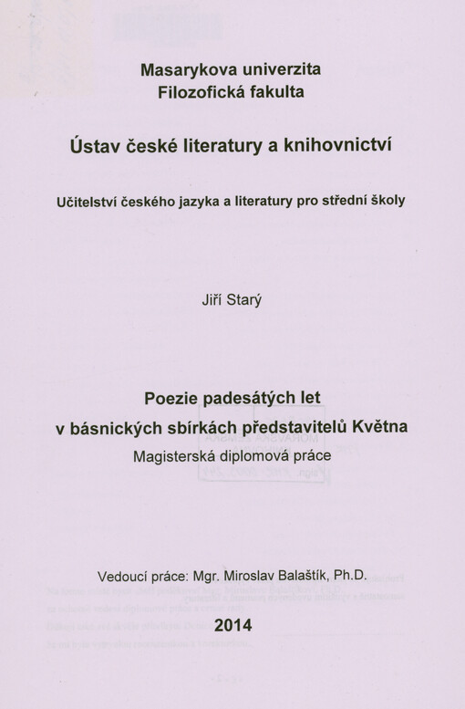 Poezie padesátých let v básnických sbírkách představitelů Května