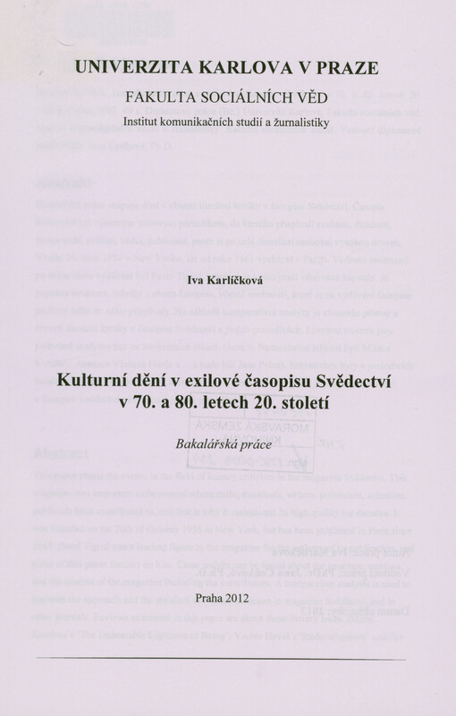 Kulturní dění v exilové časopisu Svědectví v 70. a 80. letech 20. století