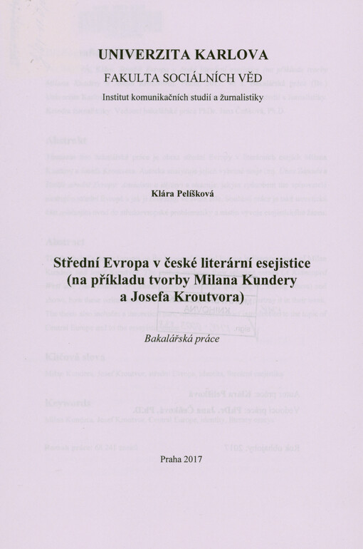 Střední Evropa v české literární esejistice (na příkladu tvorby Milana Kundery a Josefa Kroutvora)