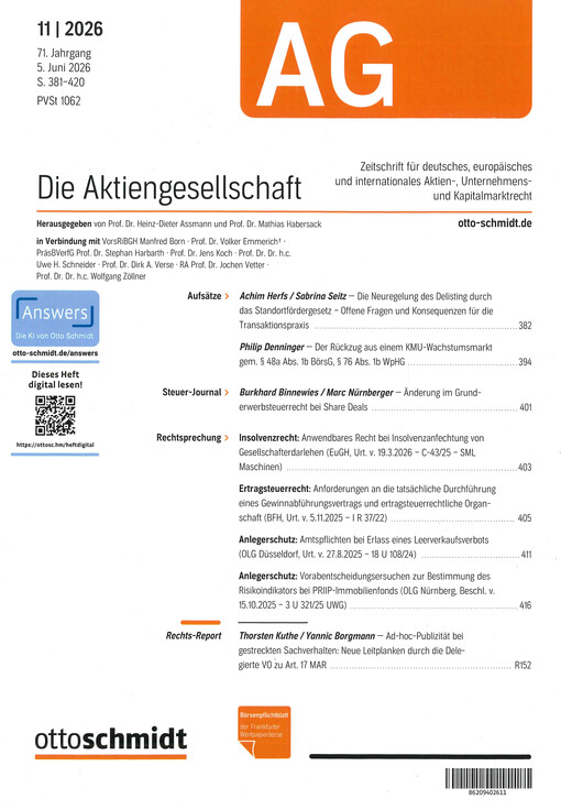 Die Aktiengesellschaft : Zeitschrift für das gesamte Aktienwesen, für deutsches, europäisches und internationales Unternehmens- und Kapitalmarktrecht.