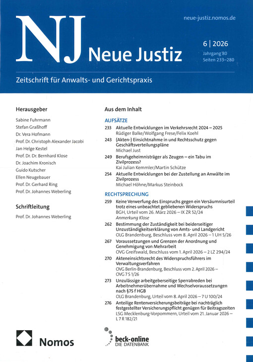 Neue Justiz : Zeitschrift für Anwalts- und Gerichtspraxis