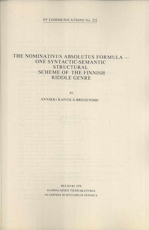 The nominativus absolutus formula - one syntactic-semantic structural scheme of the Finnish riddle genre /