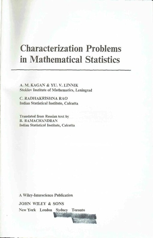 Characterization problems in mathematical statistics /