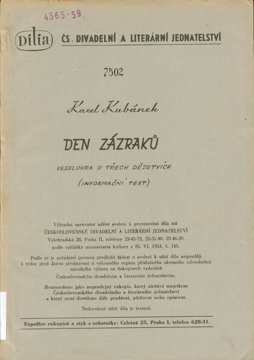 Den zázraků : veselohra o třech dějstvích : (informační text)