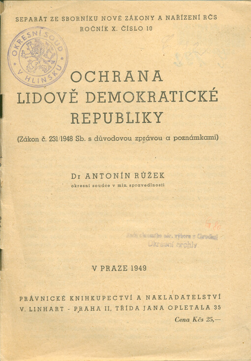 Ochrana lidově demokratické republiky : (zákon č. 231/1948 Sb. s důvodovou zprávou a poznámkami)