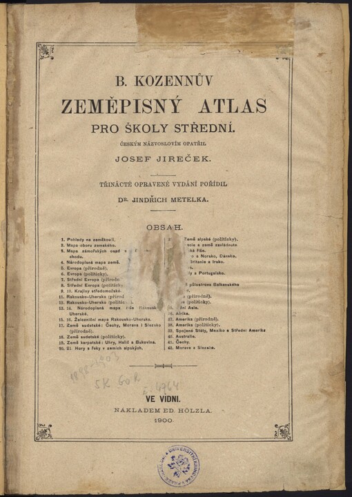 B. Kozennův zeměpisný atlas pro školy střední