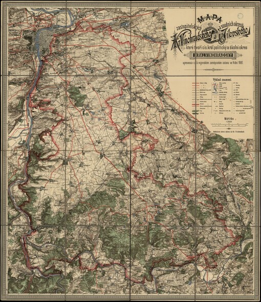Mapa zastupitelských a soudních okresů Kr.Vinohradského a Jílovského, které tvoří cís.král.politický a školní okres Král.Vinohradský