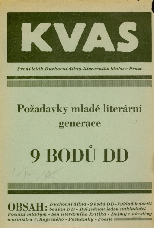 Kvas : první leták Duchovní dílny, literárního klubu v Praze : 9 bodů DD