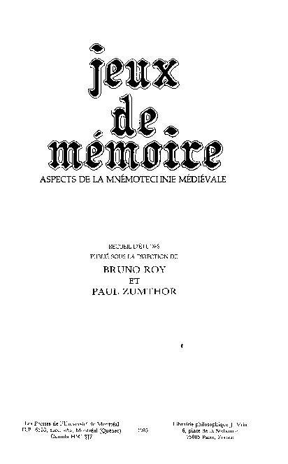 Jeux de mémoire :Aspects de la mnémotechnie médiévale