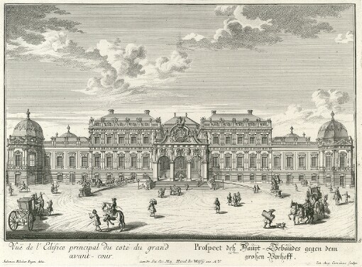 [Residences Memorables De l'incomparable Heros de nôtre Siecle Representation exacte des Edifices et Jardins de Son Altesse Serenissime Monseigneur Le Prince Eugene Francois Duc de Savoye et Piemont ...]. Vue de l'Edifice principal du coté du grand avant-cour = Prospect der Haupt-Gebäudes gegen dem großen Vorhoff