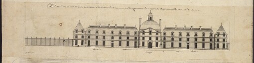 Eleuation de l'une des Faces de l'Anticour ou des Escuries du Manege couvert, et des appartemens des Escuyens, des Palefreniens, et des autres valets d'escurie