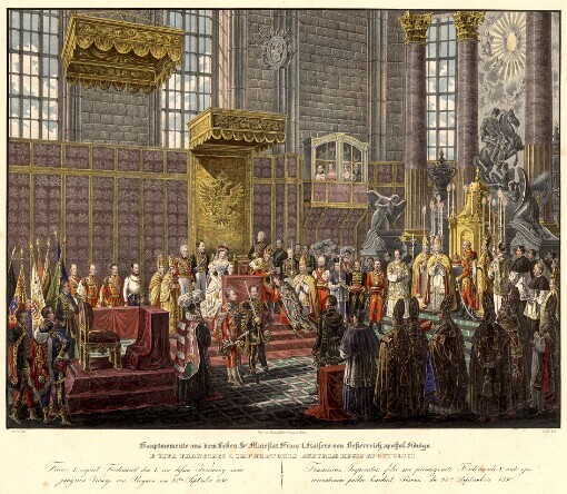 Hauptmomente aus den Leben St. Majestät Franz I. Kaisers von Oesterreich, apostol. Königs. Franz I. segnet Ferdinand den V. vor dessen Krönung zum jüngeren Könige von Ungarn am 28ten September 1830