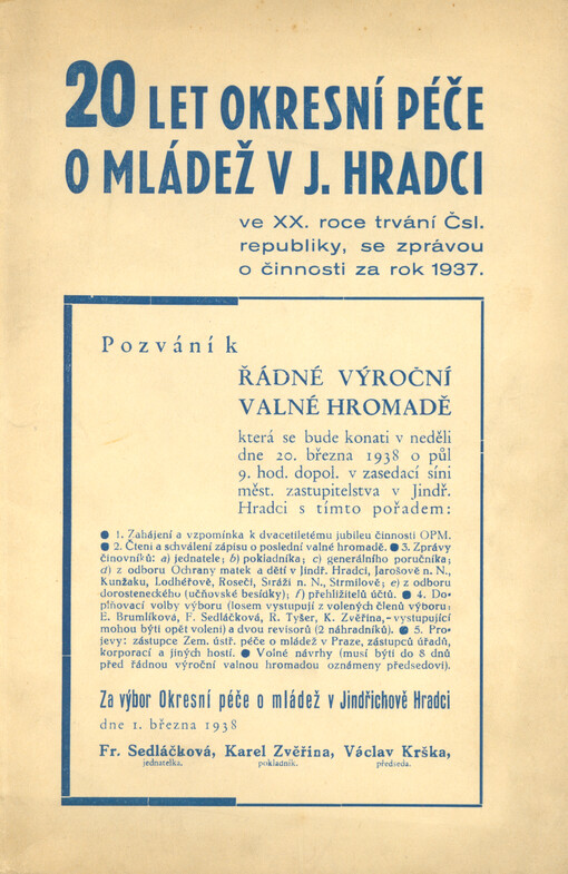 Jubileum Okresní péče o mládež v J. Hradci : dvacet let Okresní péče o mládež na Jindřichohradecku : 1918-1938