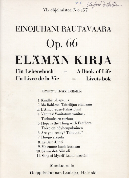 Elämän Kirja , Op. 66 = Ein Lenebsbuch = A Book of Life = Un Livre de la Vie = Livets bok