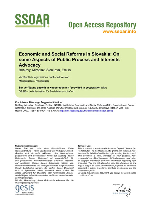 Economic and social reforms in Slovakia :on some aspects of public policy process and interests advocacy