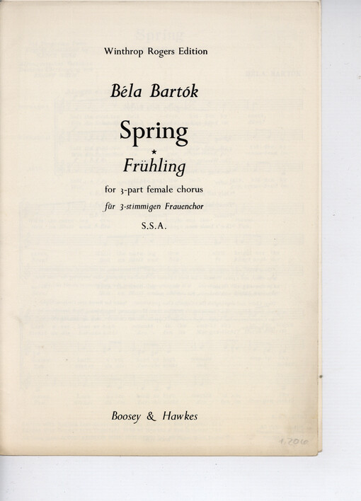 Spring : Old Hungarian Poem for 3-part female chorus = Frühling : Altungarische Volkslied für 3-stimmingen Frauenchor