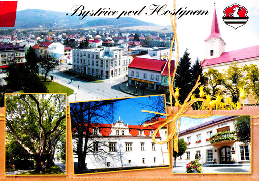 Bystřice pod Hostýnem : pohled z kostelní věže - kostel sv. Jiljí - platanová alej - zámek - radnice