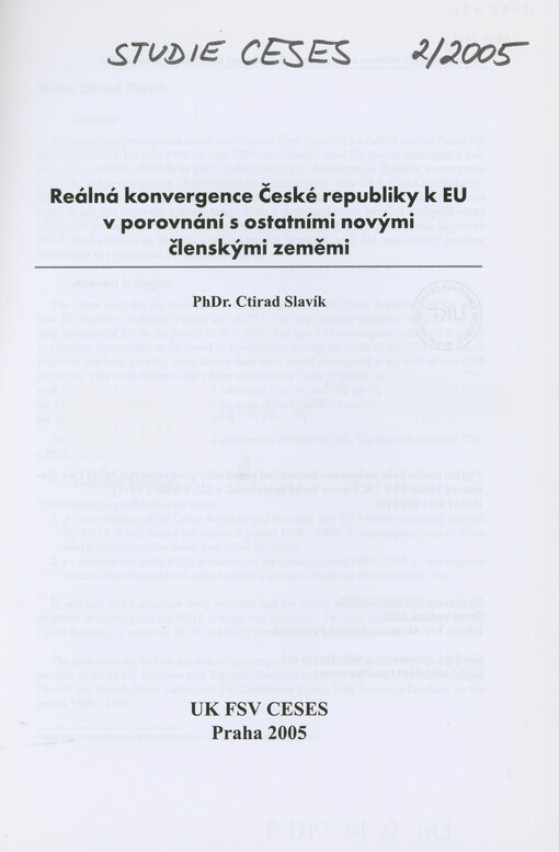 Reálná konvergence České republiky k EU v porovnání s ostatními novými členskými zeměmi