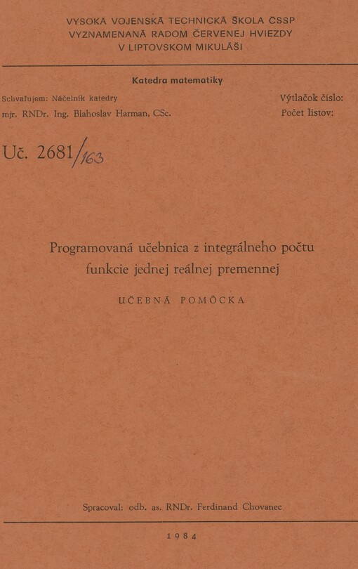 Programovaná učebnica z integrálneho počtu funkcie jednej reálnej premennej: Učebná pomôcka