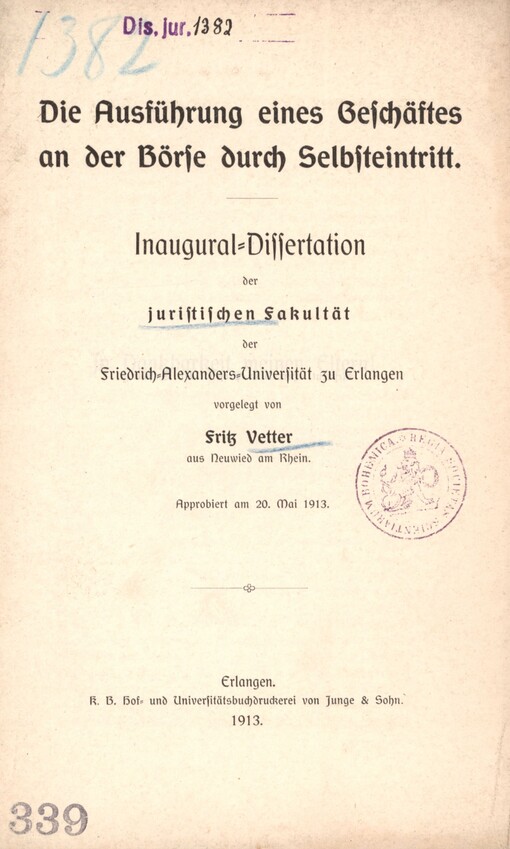 Die Ausführung eines Geschäftes an der Börse durch Selbsteintritt: Inaugural-Dissertation